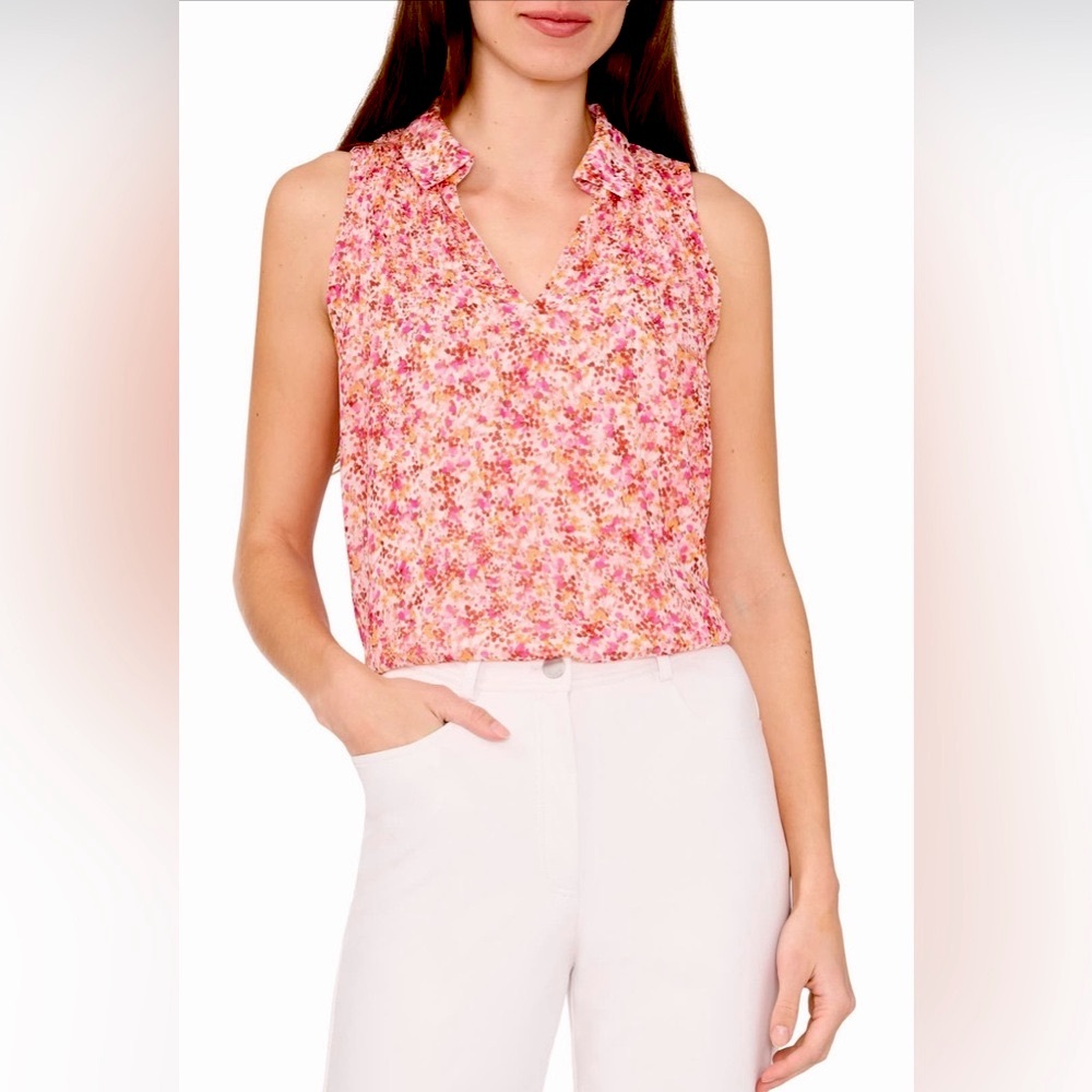 Halogen Pink Floral Pleated Chiffon Sleeveless Collared Top, Small